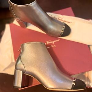 Ferragamo booties, metallic gunmetal. Size 8.5
